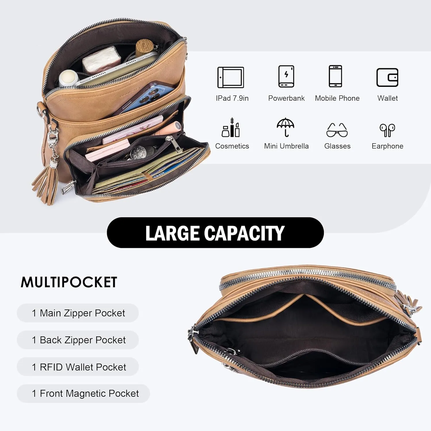 Crossbody Purse for Women,Lightweight Medium Crossbody Bag Soft Leather Women's Shoulder Handbags with Tassel