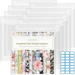Csyidio 10 PCS 12 x 12 Inch Scrapbook Paper Storage Organizer with Label Stickers, Clear Paper Storage Bag for Holding Scrapbook Paper Pad, Vinyl Paper, Photos and Paper File Enclosed Storage