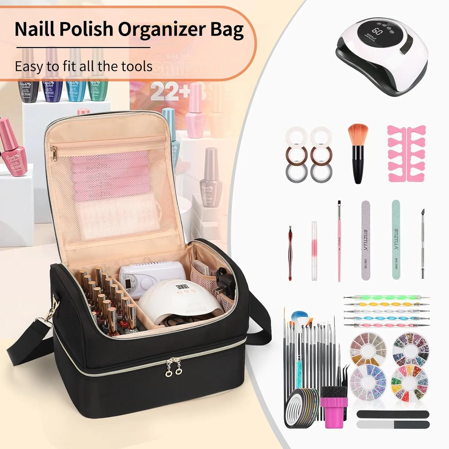 CUBETASTIC Nail Polish Organizer, Nail Tech Organizers and Storage Case Holds 69 Bottles Nail Polish & Nail Lamp, Travel Nail Supplies bag for Nail Tech Kit & Manicure Tools, Black
