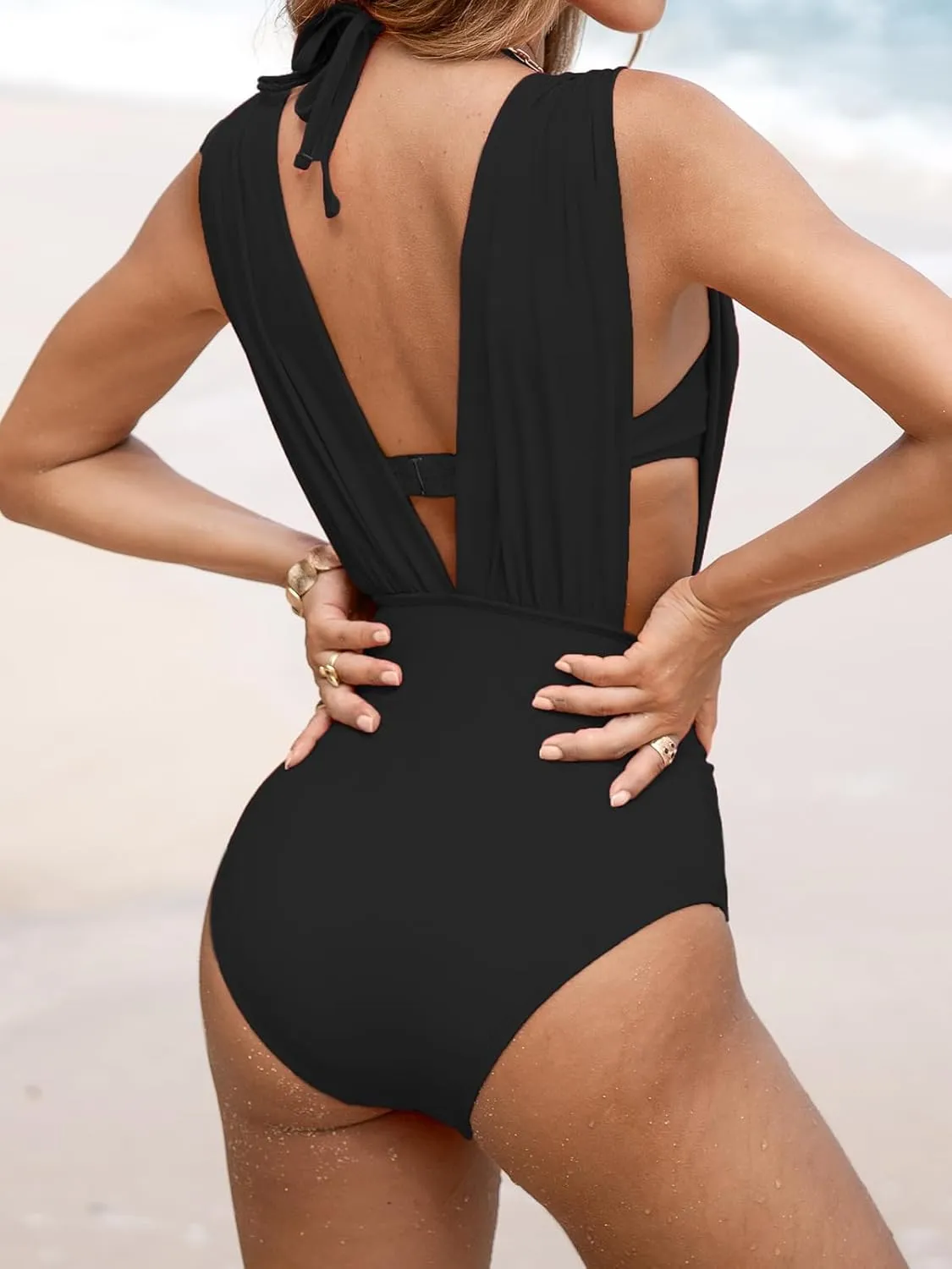 CUPSHE Women's One Piece Swimsuit Halter Plunging Neck Bathing Suit Wide Straps Underwire Ruched Back Hook
