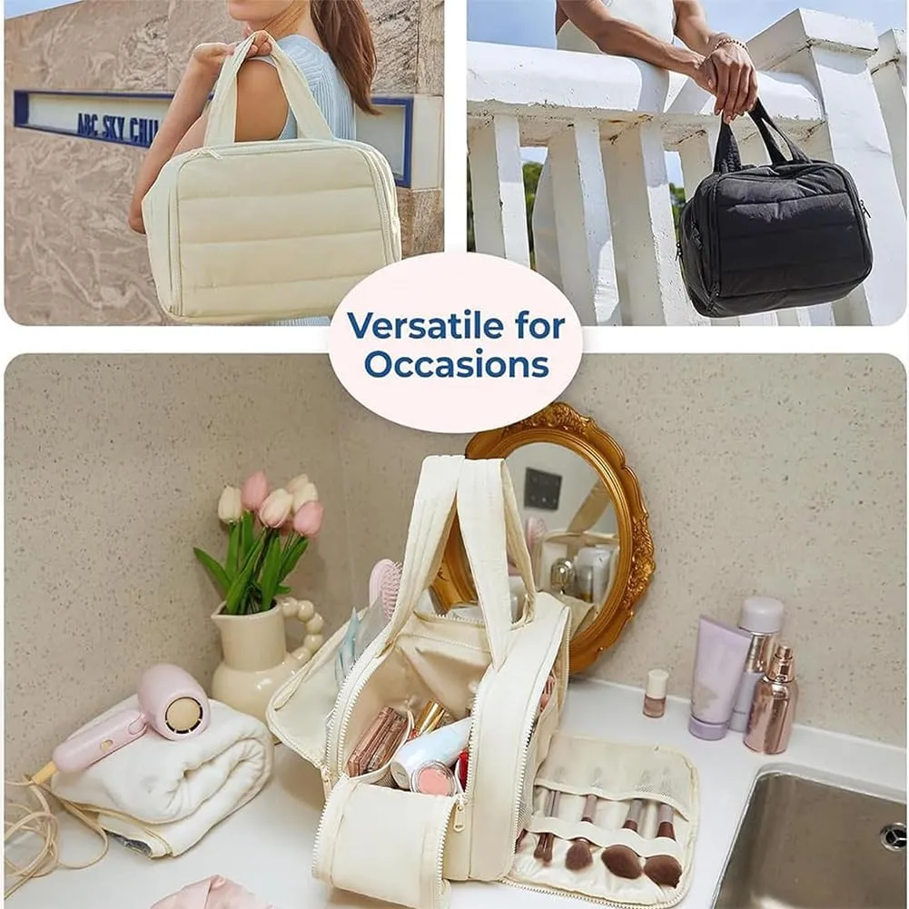 Cureaway Travel Cosmetic Bag, Large Capacity Wide-Open Travel Cosmetic Bag, 4-In-1 Puffy Multi-Functional Toiletry Bag for Women, Wash Pouch Portable Hanging Organizer (Beige)
