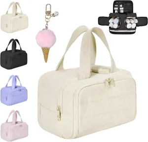 Cureaway Travel Cosmetic Bag, Large Capacity Wide-Open Travel Cosmetic Bag, 4-In-1 Puffy Multi-Functional Toiletry Bag for Women, Wash Pouch Portable Hanging Organizer (Beige)