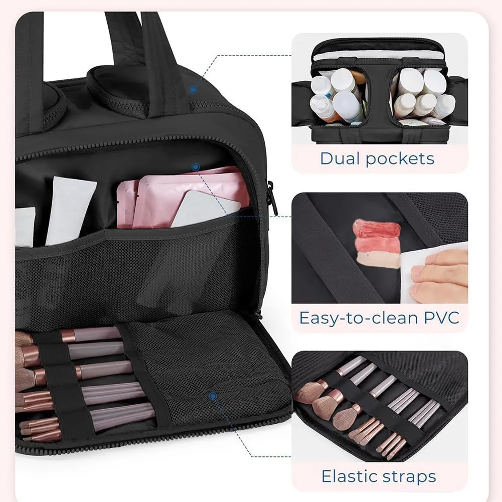Cureaway Travel Cosmetic Bag, Large Capacity Wide-Open Travel Cosmetic Bag, 4-In-1 Puffy Multi-Functional Toiletry Bag for Women, Wash Pouch Portable Hanging Organizer (Gray)