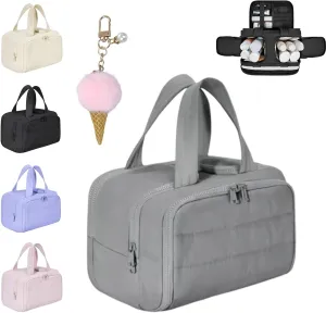 Cureaway Travel Cosmetic Bag, Large Capacity Wide-Open Travel Cosmetic Bag, 4-In-1 Puffy Multi-Functional Toiletry Bag for Women, Wash Pouch Portable Hanging Organizer (Gray)