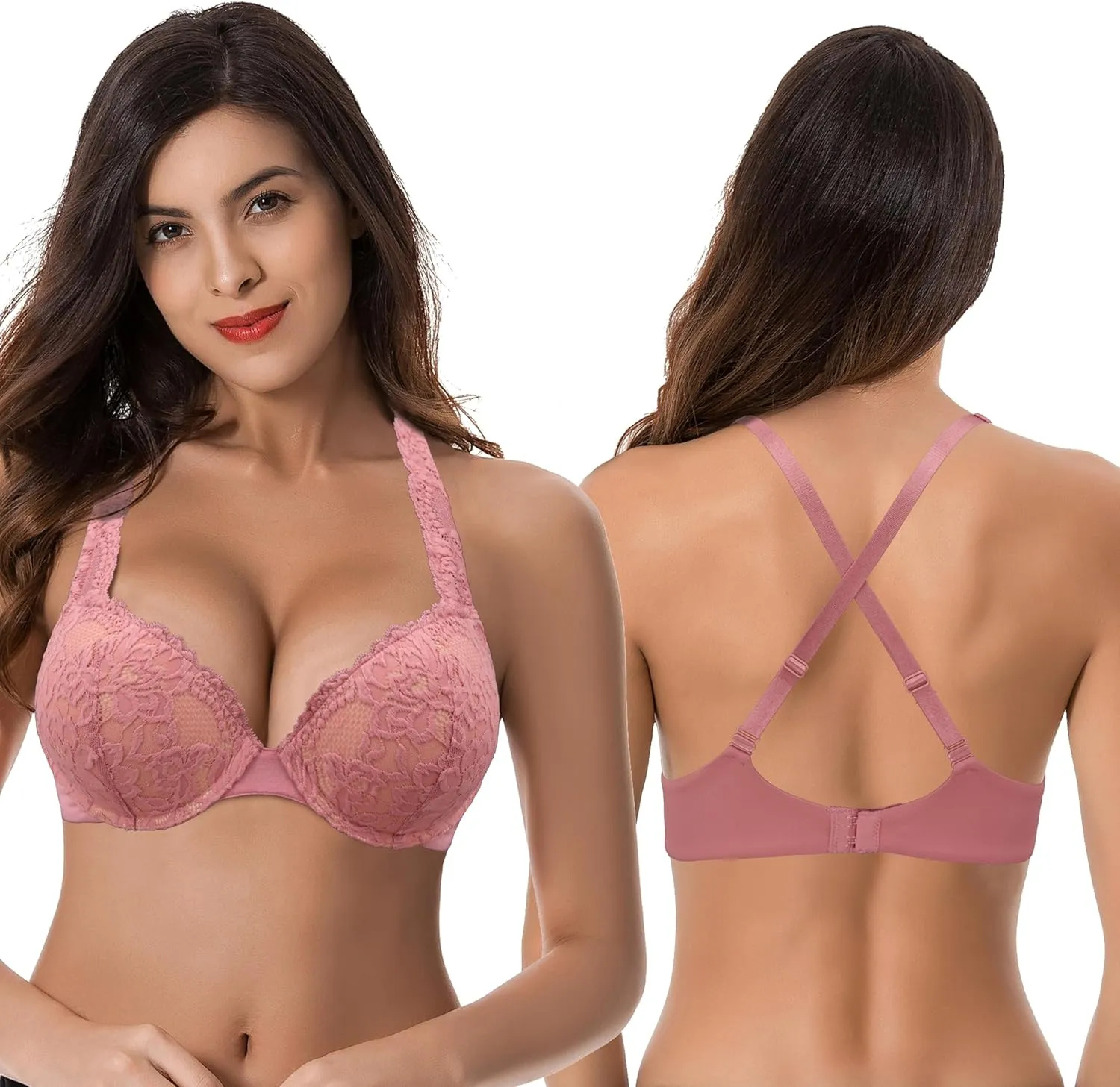 Curve Muse Women's Plus Size Add 1 and a Half Cup Push Up Convertible Lace Bras