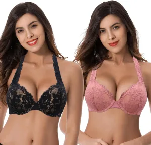 Curve Muse Women's Plus Size Add 1 and a Half Cup Push Up Convertible Lace Bras