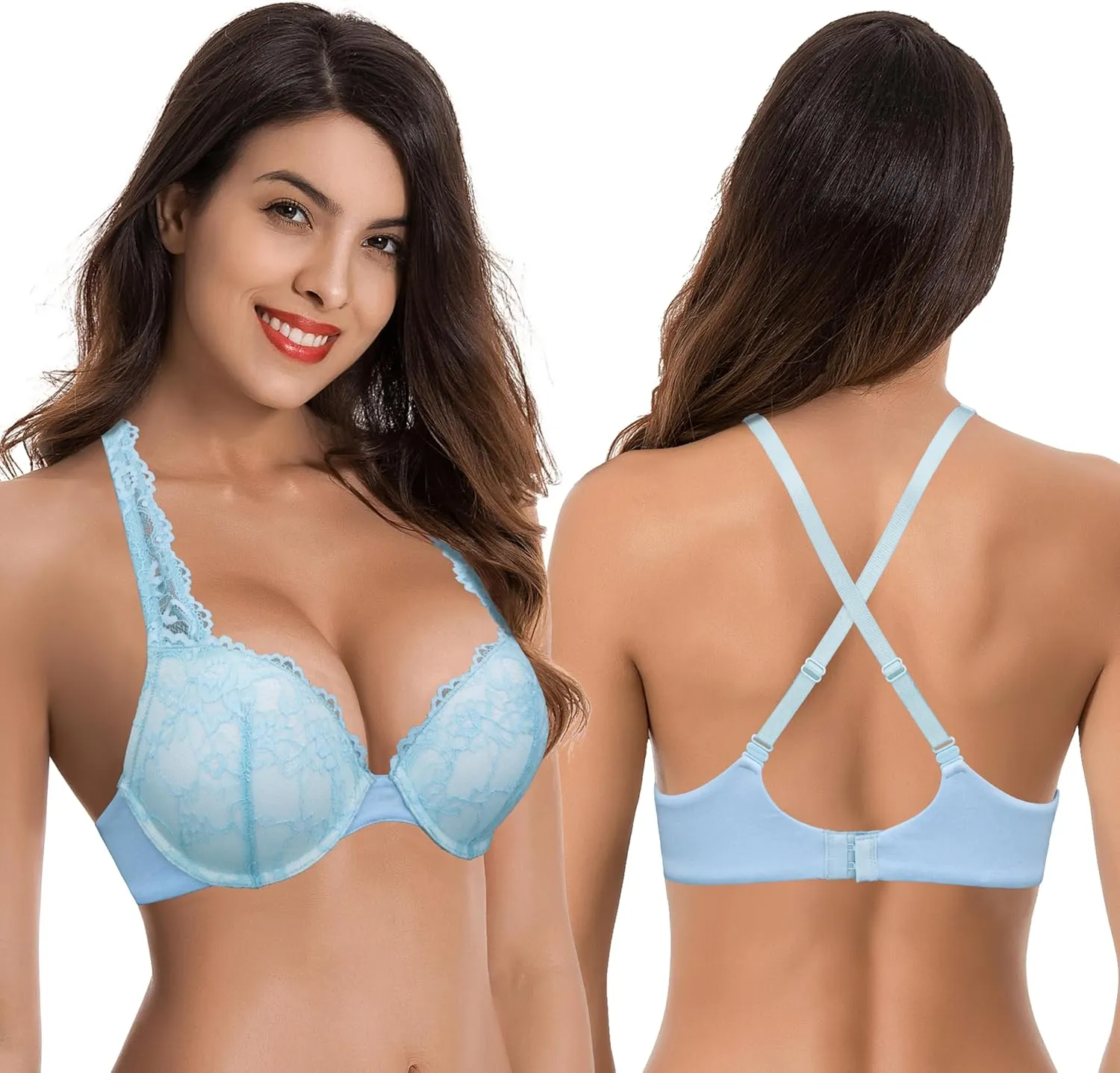 Curve Muse Women's Plus Size Add 1 and a Half Cup Push Up Convertible Lace Bras