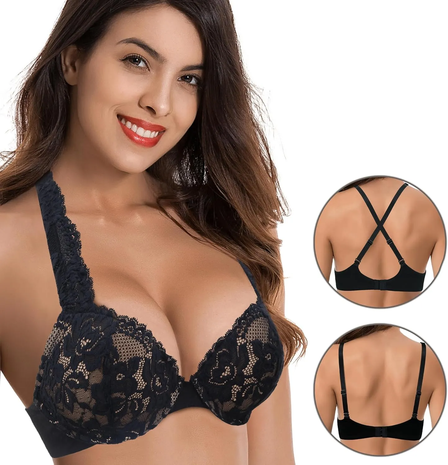 Curve Muse Women's Plus Size Add 1 and a Half Cup Push Up Convertible Lace Bras