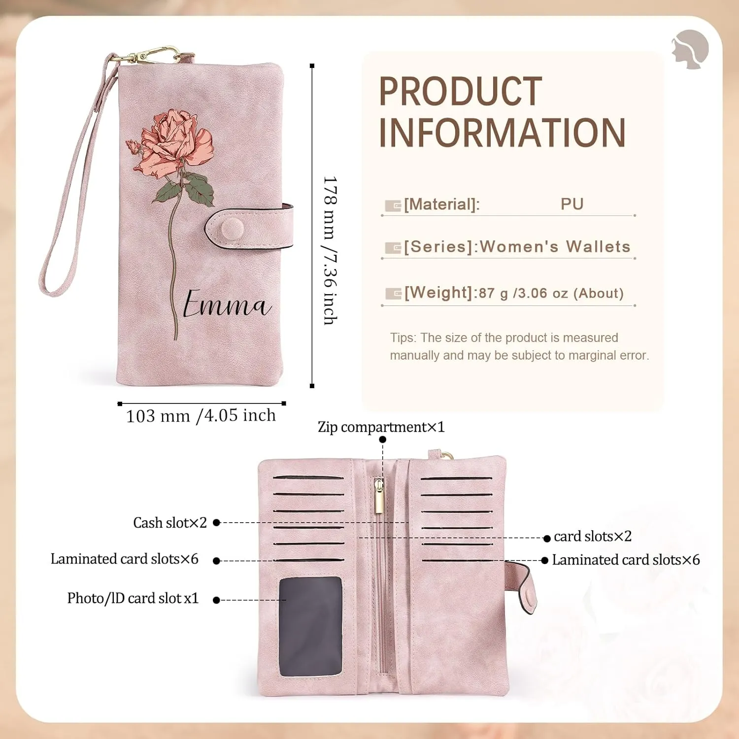 Custom Leather Wallet for Women - Personalized Ladies Wallet with Birthflower & Name - Women’s Wallets PU Leather Gifts for Women Mothers Day Gifts for Her (Pink)