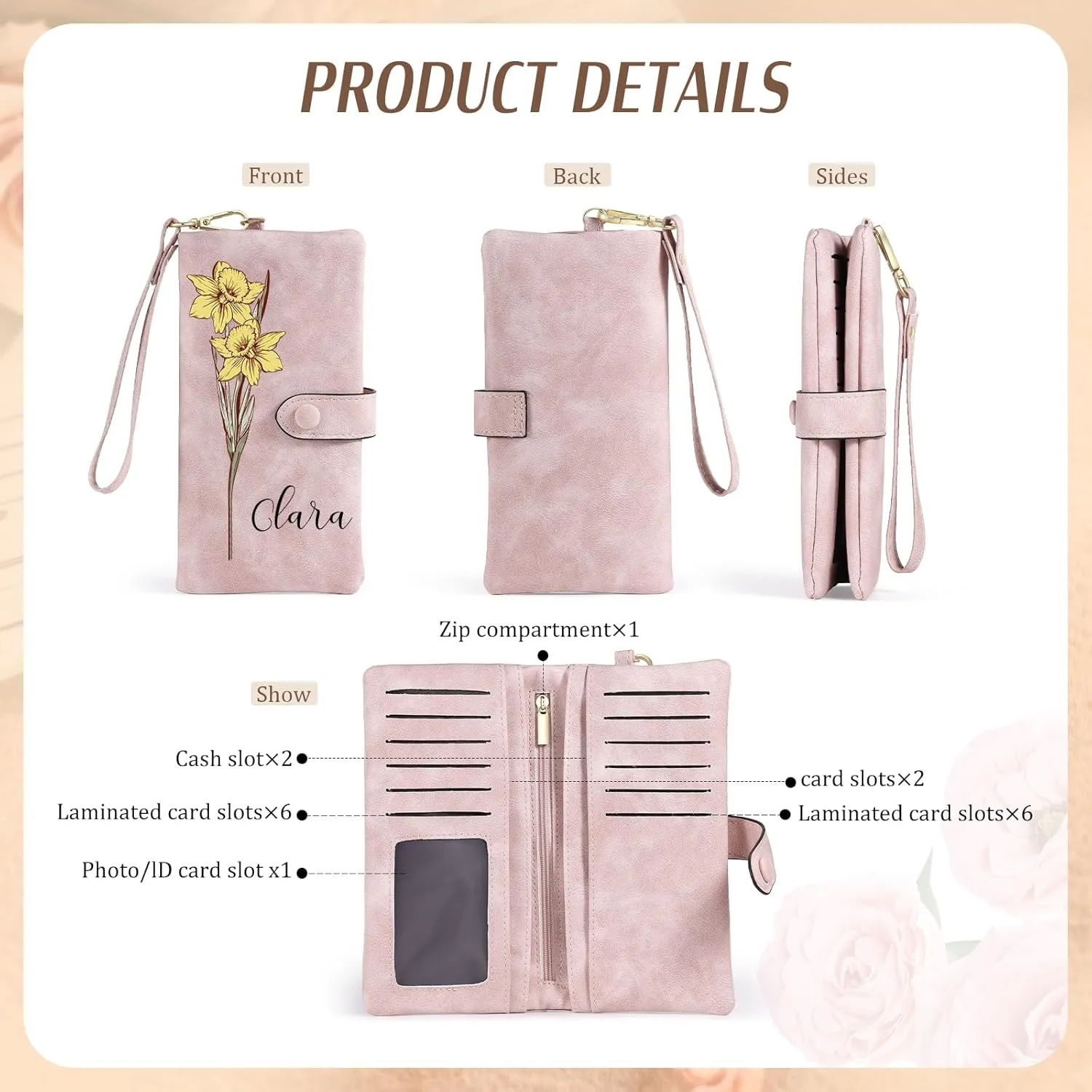 Custom Leather Wallet for Women - Personalized Ladies Wallet with Birthflower & Name - Women’s Wallets PU Leather Gifts for Women Mothers Day Gifts for Her (Pink)
