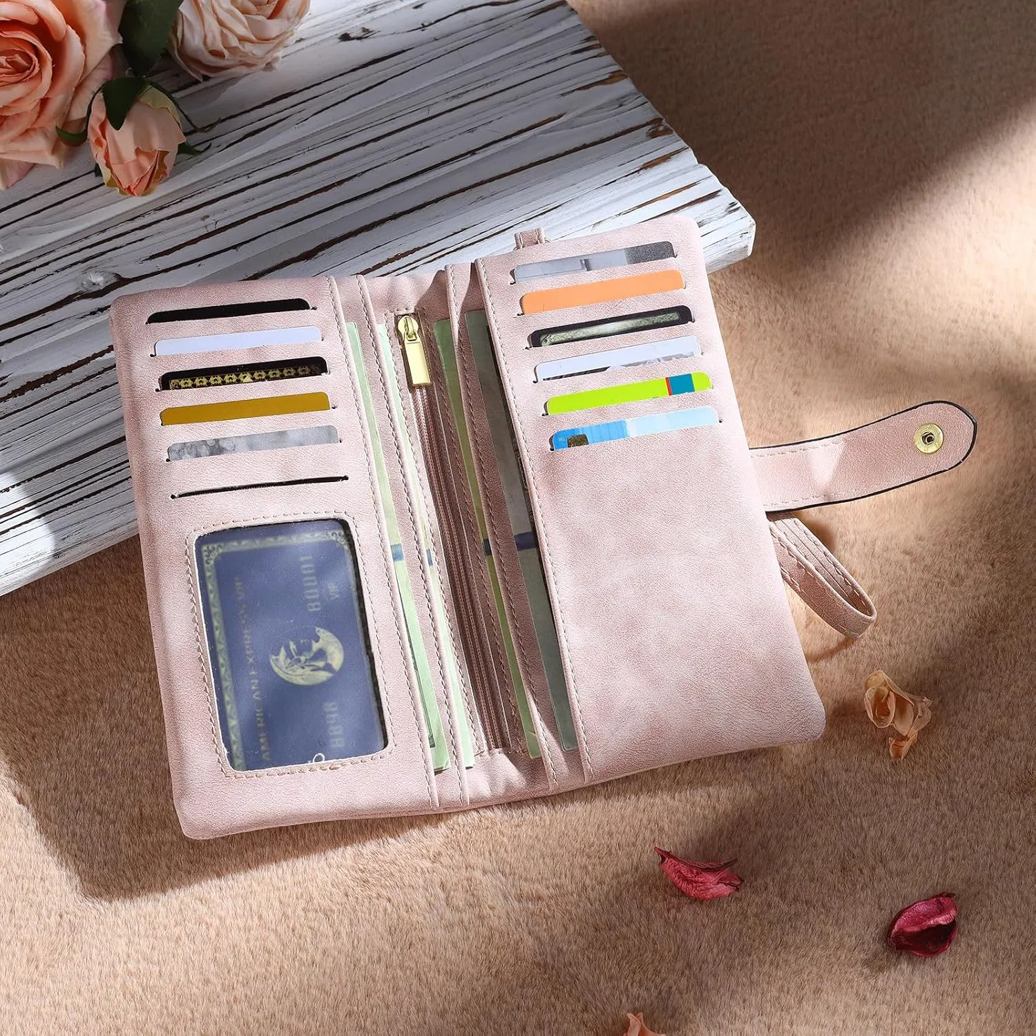 Custom Leather Wallet for Women - Personalized Ladies Wallet with Birthflower & Name - Women’s Wallets PU Leather Gifts for Women Mothers Day Gifts for Her (Pink)