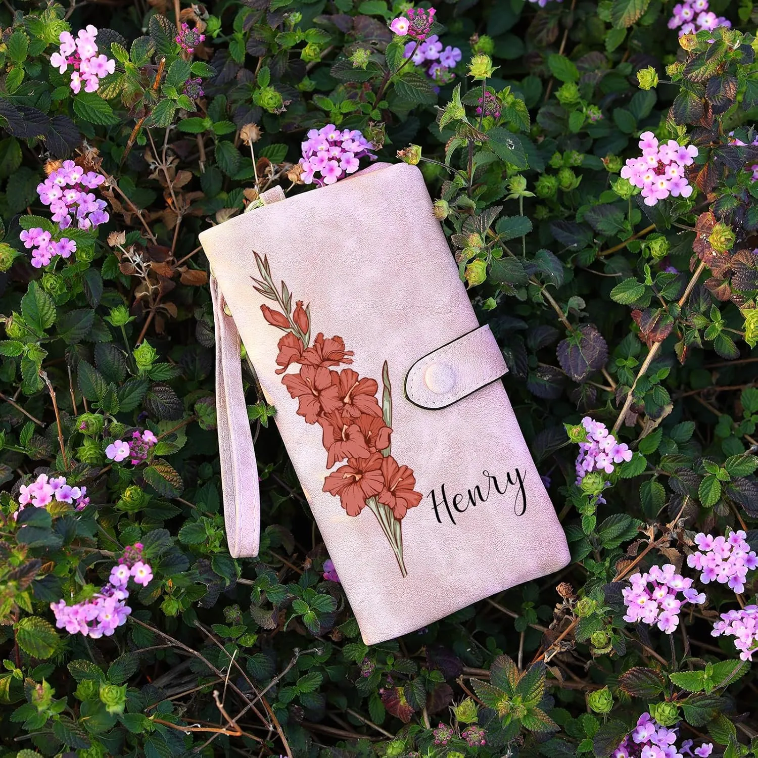 Custom Leather Wallet for Women - Personalized Ladies Wallet with Birthflower & Name - Women’s Wallets PU Leather Gifts for Women Mothers Day Gifts for Her (Pink)