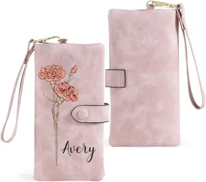 Custom Leather Wallet for Women - Personalized Ladies Wallet with Birthflower & Name - Women’s Wallets PU Leather Gifts for Women Mothers Day Gifts for Her (Pink)