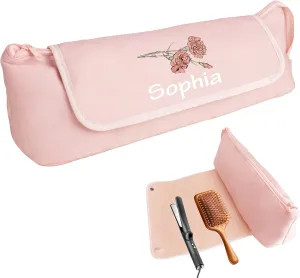 Custom Name Hair Tools Travel Bag Personalized Birth Flower Hair Tools Travel Bag with Heat Resistant Mat for Curling Iron Flat Irons Straighteners Hair Accessories Organizer for Women Hair Stylists
