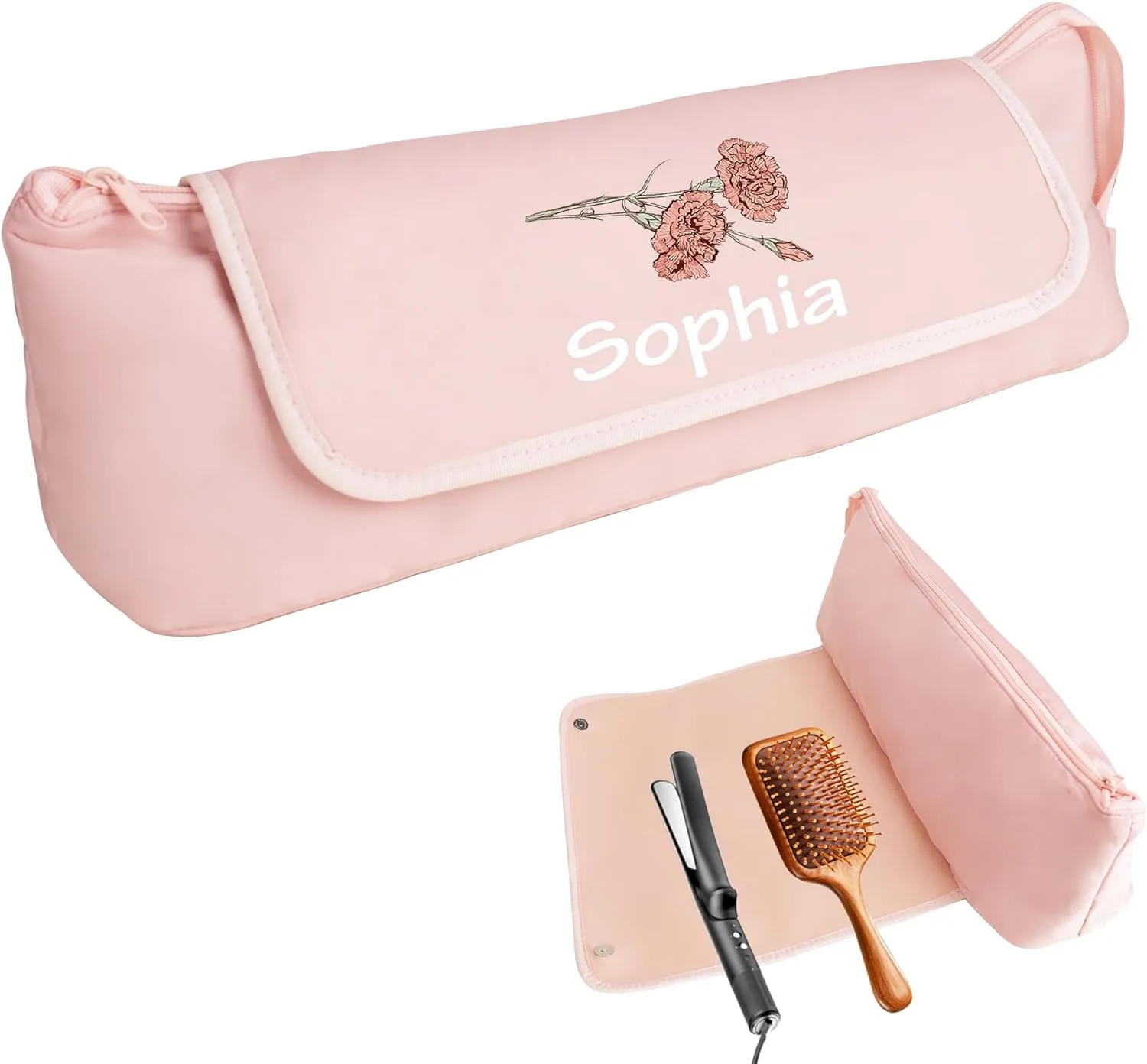 Custom Name Hair Tools Travel Bag Personalized Birth Flower Hair Tools Travel Bag with Heat Resistant Mat for Curling Iron Flat Irons Straighteners Hair Accessories Organizer for Women Hair Stylists