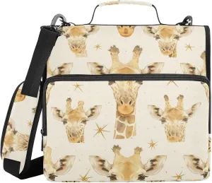 Cute Giraffe Faces 3 Rings Organizer Binder with Shoulder Strap & Handle Laege Capacity Portable Home Travel Safe Storage Bag for School