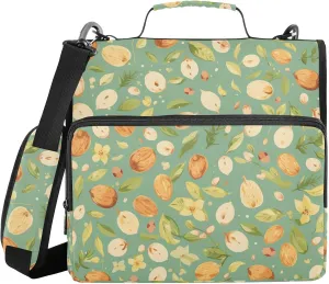 Cute Green Leafs Nut 3 Rings Zipper Binder Organizer with Shoulder Strap Includes Zip Pocket Document Organizer for Office School