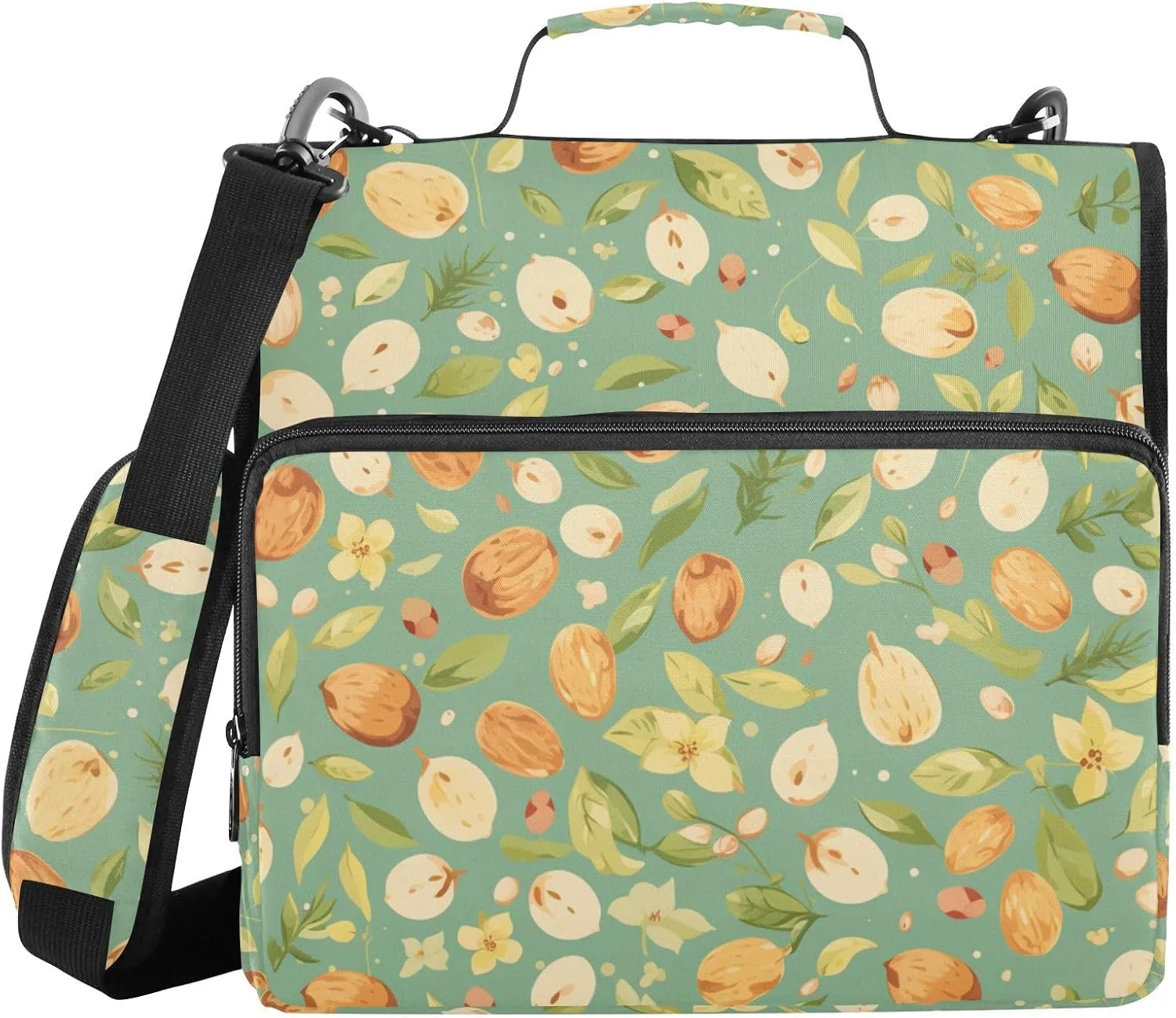 Cute Green Leafs Nut 3 Rings Zipper Binder Organizer with Shoulder Strap Includes Zip Pocket Document Organizer for Office School