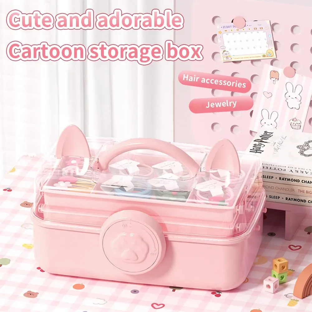 Cute Hair Accessories Organizer 3-Layers Kids Jewelry Storage Box Plastic Hair Accessories holder for Girls (Blue-Cat)