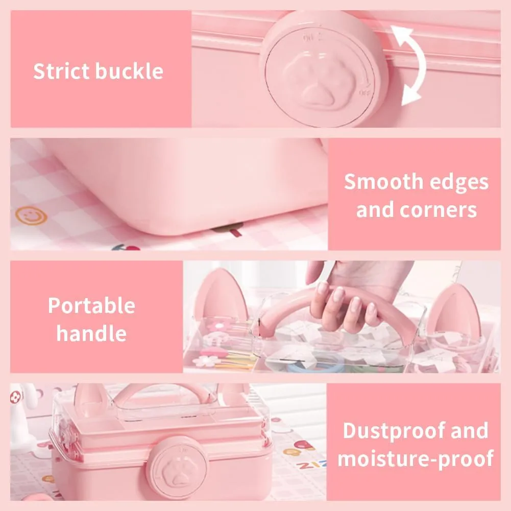 Cute Hair Accessories Organizer 3-Layers Kids Jewelry Storage Box Plastic Hair Accessories holder for Girls (Blue-Cat)