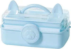 Cute Hair Accessories Organizer 3-Layers Kids Jewelry Storage Box Plastic Hair Accessories holder for Girls (Blue-Cat)