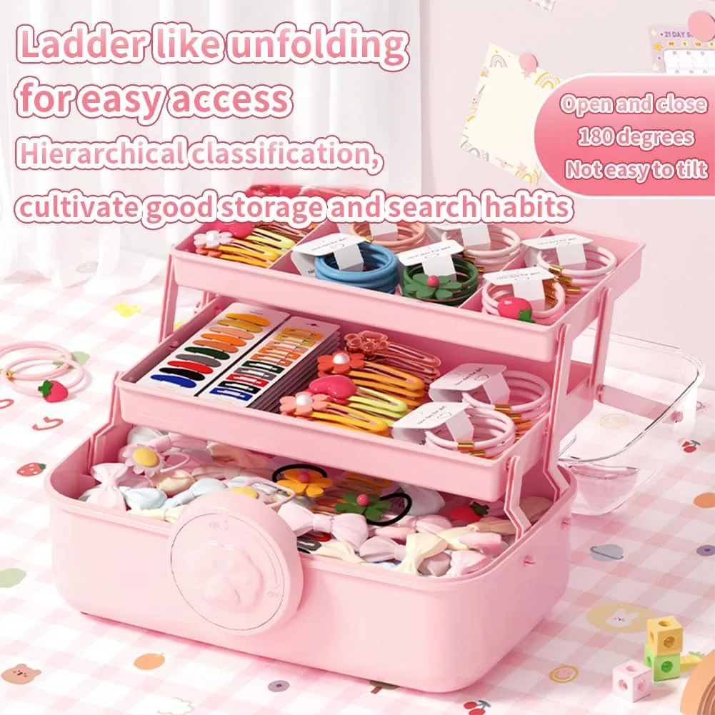 Cute Hair Accessories Organizer 3-Layers Kids Jewelry Storage Box Plastic Hair Accessories holder for Girls (Blue-Cat)