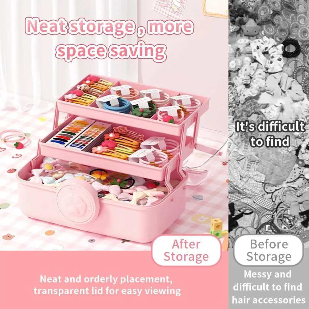 Cute Hair Accessories Organizer 3-Layers Kids Jewelry Storage Box Plastic Hair Accessories holder for Girls (Blue-Cat)