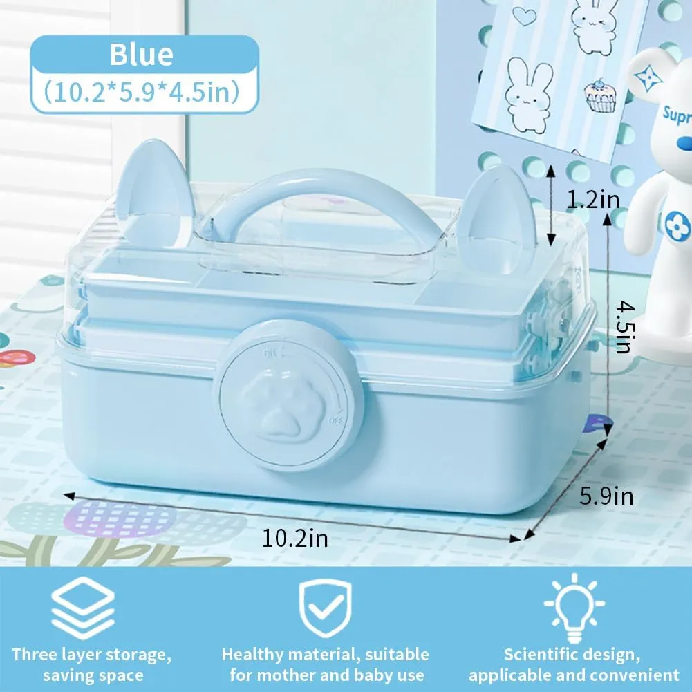 Cute Hair Accessories Organizer 3-Layers Kids Jewelry Storage Box Plastic Hair Accessories holder for Girls (Blue-Cat)