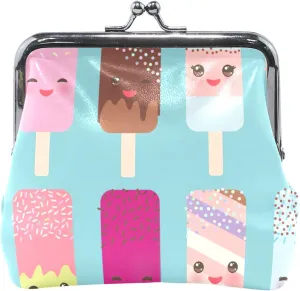 Cute Ice Cream Light Blue Leather Coin Pouch for Women Cute Buckle Kiss Lock Girls Coin Card Change Wallet