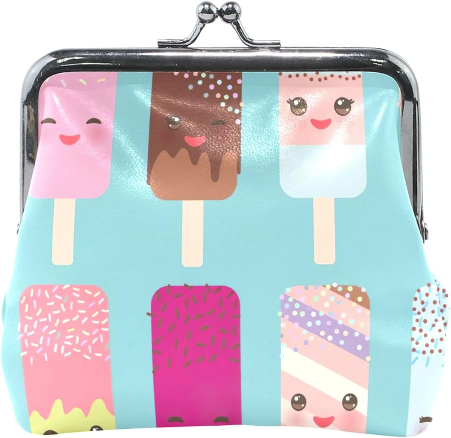 Cute Ice Cream Light Blue Leather Coin Pouch for Women Cute Buckle Kiss Lock Girls Coin Card Change Wallet