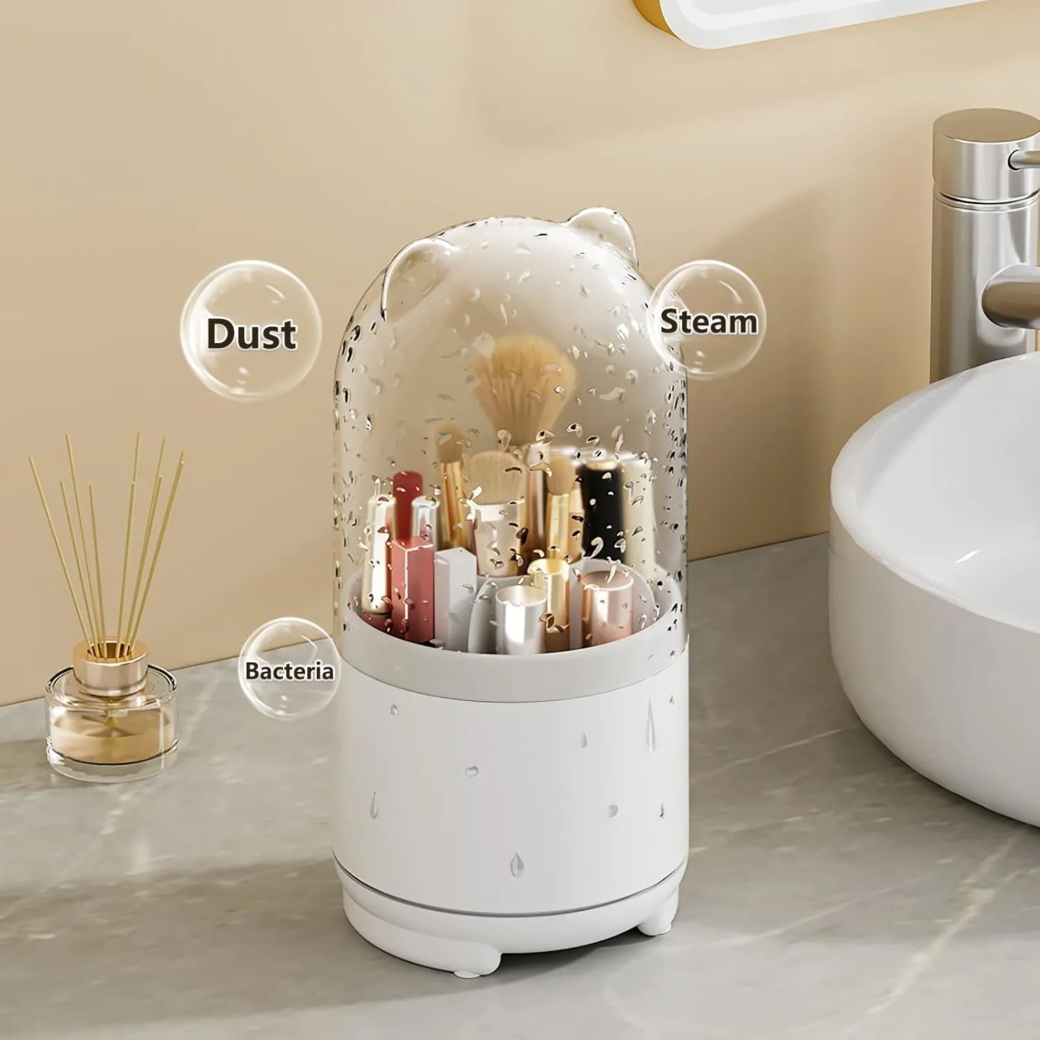 Cute Makeup Brush Holder Organizer with Lid, Rotating Dustproof Make Up Brushes Container with Clear Acrylic Cover for Vanity Desktop Bathroom Countertop