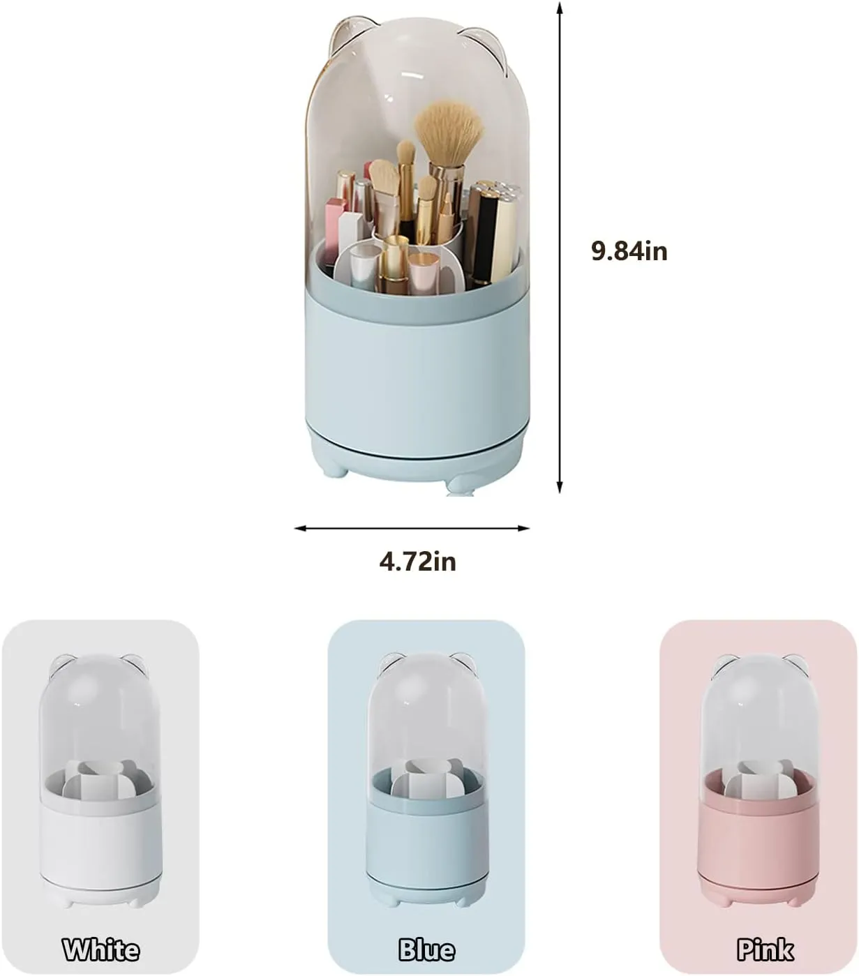 Cute Makeup Brush Holder Organizer with Lid, Rotating Dustproof Make Up Brushes Container with Clear Acrylic Cover for Vanity Desktop Bathroom Countertop