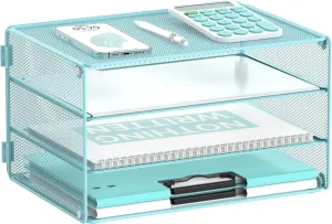 DALTACK 3 Tier Letter Tray Paper Organizer Mesh Metal Desk File Organizer for Home & Office, Light Blue