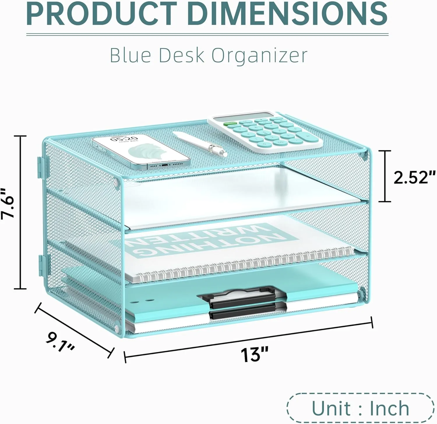 DALTACK 3 Tier Letter Tray Paper Organizer Mesh Metal Desk File Organizer for Home & Office, Light Blue