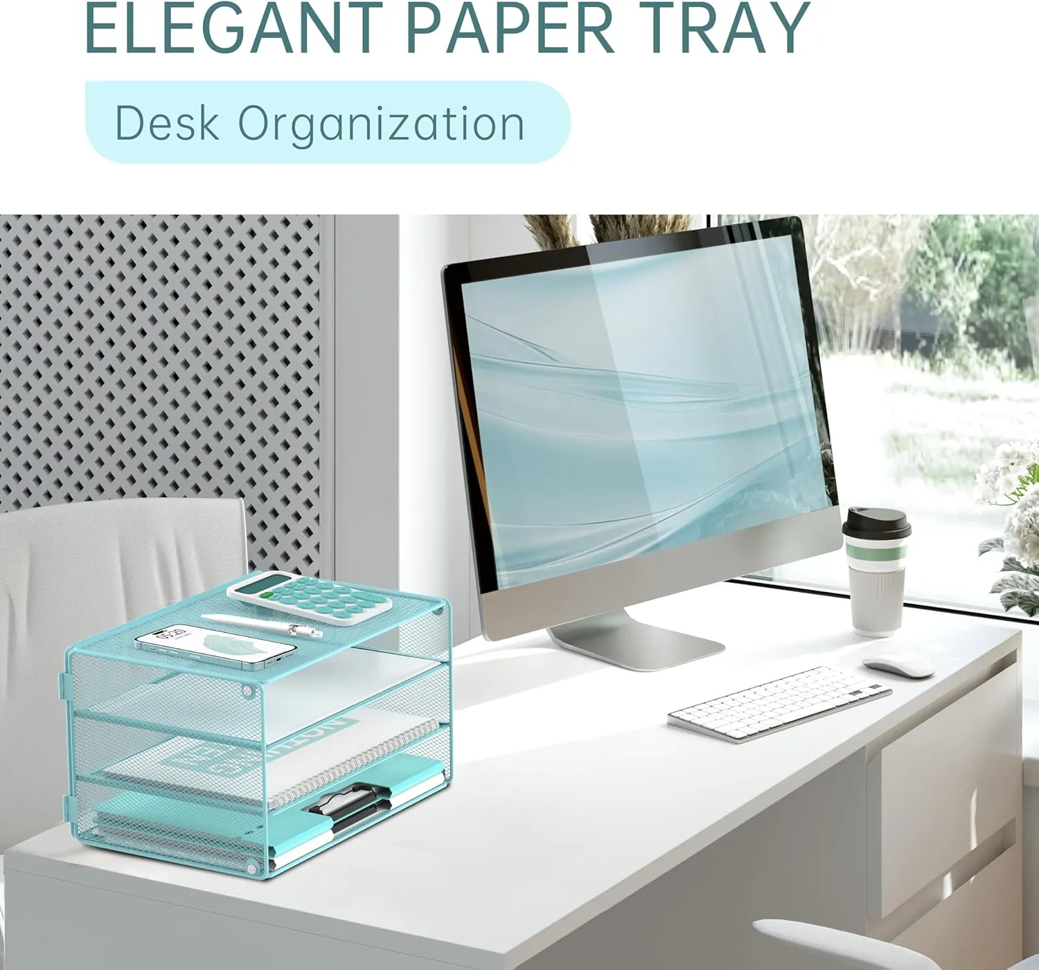 DALTACK 3 Tier Letter Tray Paper Organizer Mesh Metal Desk File Organizer for Home & Office, Light Blue