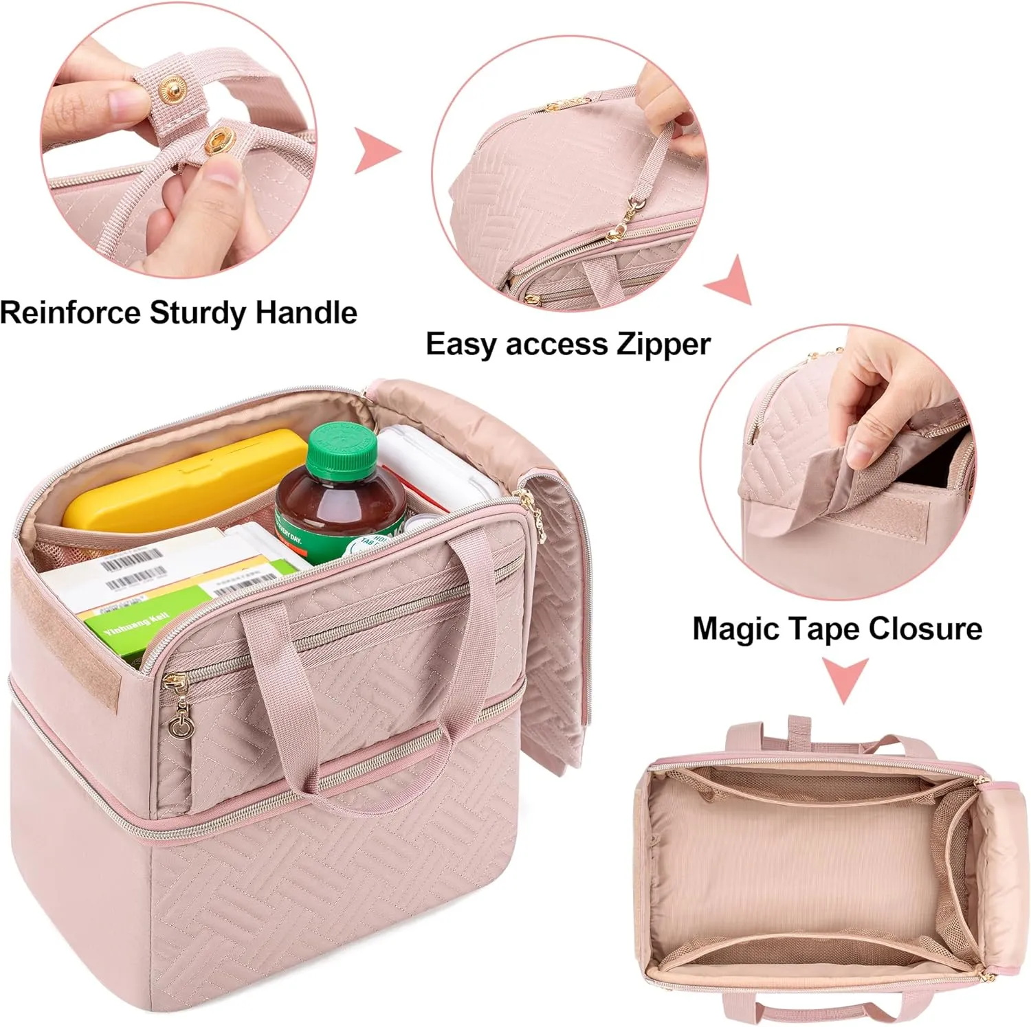 Damero Double Layers Pill Bottle Organizer Empty, Lockable Medicine Storage Bag Medication Travel Bag with 4 Customized Dividers for Prescription Bottles, Medical Supplements,Misty Rose