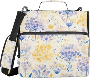 Dappled Light Purple Yellow Flowers 3 Rings 1.5 inch Office Binder Organizer with Shoulder Strap Multiple Pockets Portable Home Travel Safe Storage Bag for Middle Student