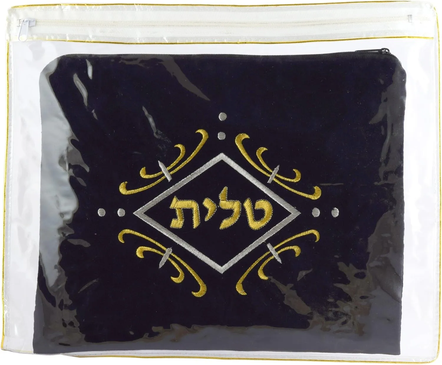 Dark Blue Velvet Tallit Bag Gold and White Swirl Design with Protective Plastic Bag