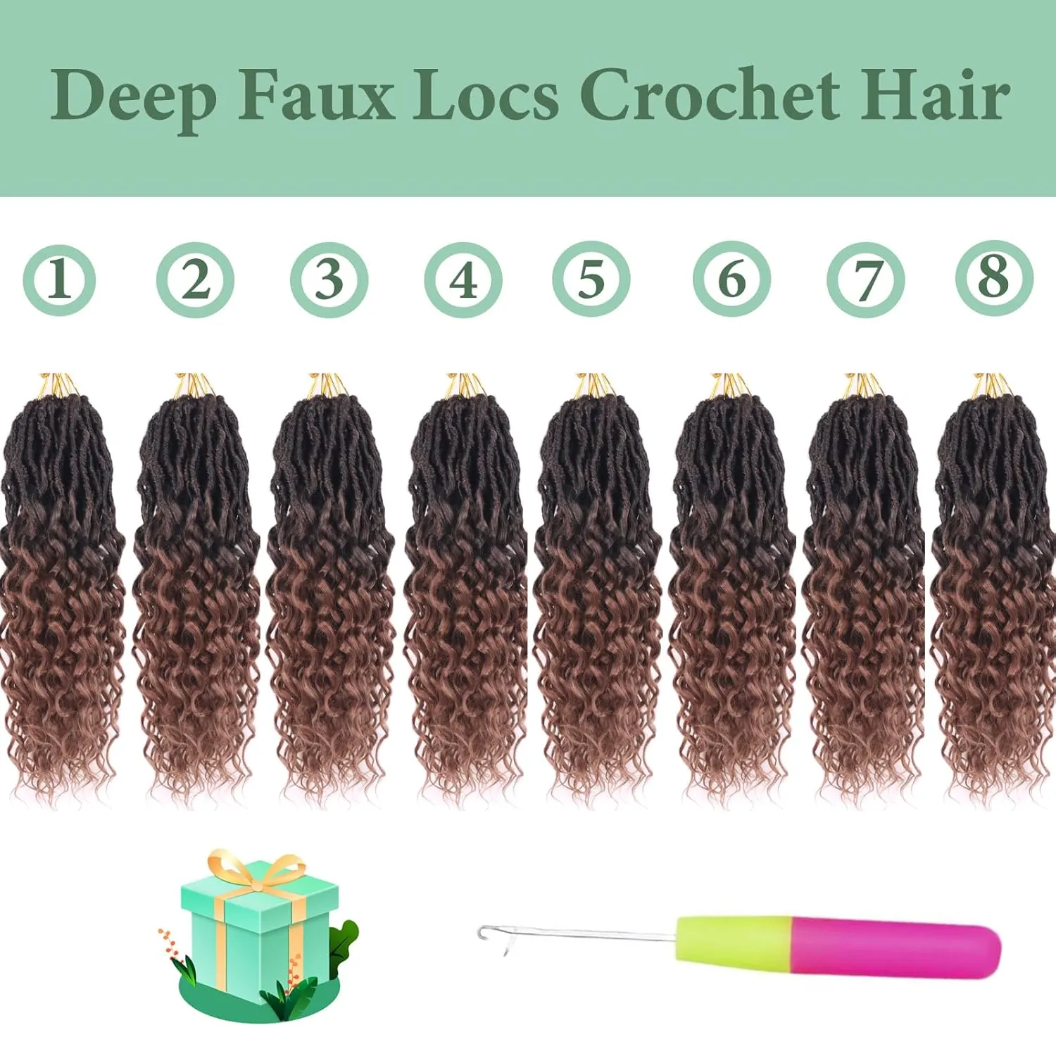 Deep Faux Locs Crochet Hair 14 Inch 8 Packs Goddess Locs Crochet Hair Pre Looped Curly Crochet Hair for Black Women Soft Locs Crochet Braids with Curly Ends (Black mixed Dark Brown)