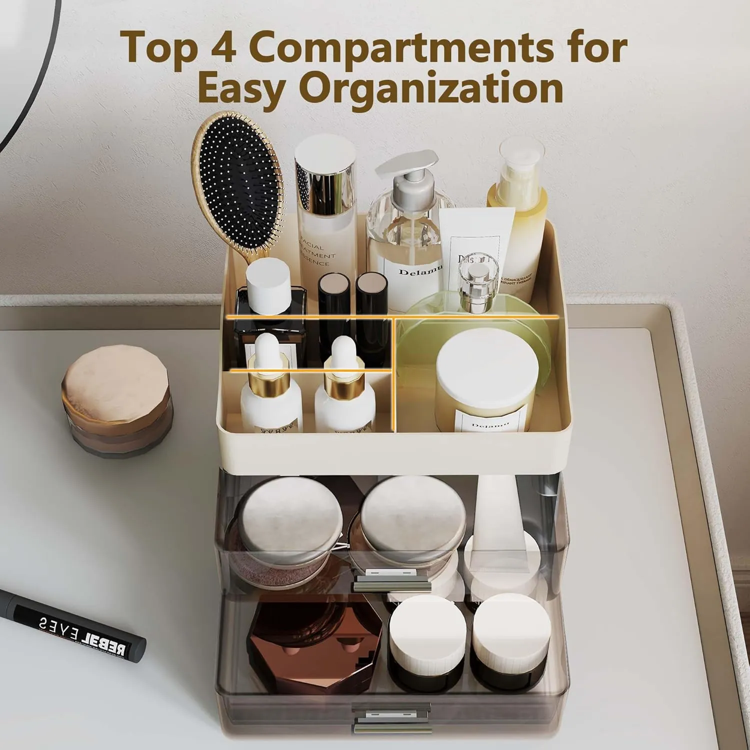 Delamu Makeup Organizer Countertop, 3-Tier Large Capacity Bathroom Counter Organizer with 2 Clear Drawers for Easy Access, Ideal for Makeup, Skincare, Lipsticks, Office Supplies, Present, etc, Beige