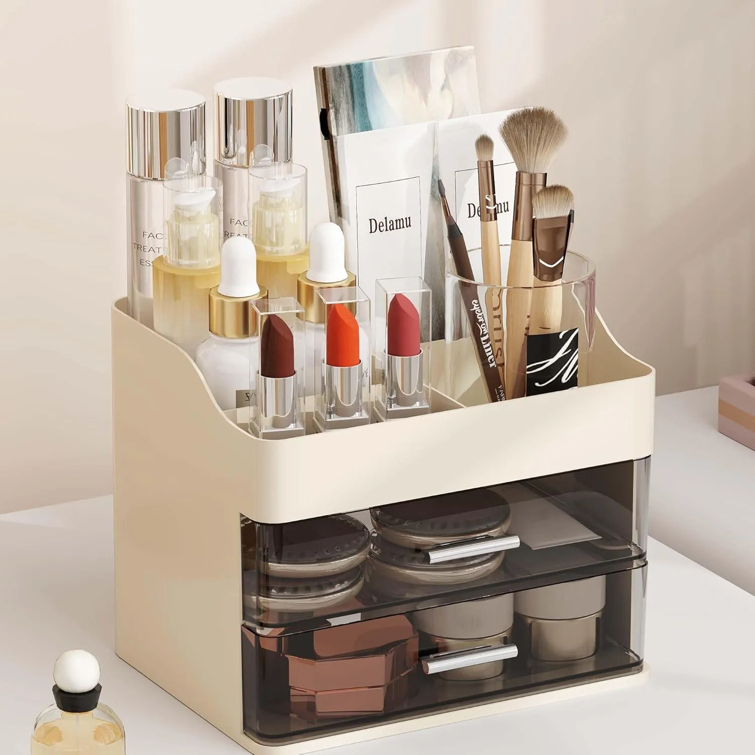 Delamu Makeup Organizer Countertop, 3-Tier Large Capacity Bathroom Counter Organizer with 2 Clear Drawers for Easy Access, Ideal for Makeup, Skincare, Lipsticks, Office Supplies, Present, etc, Beige