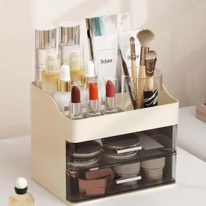 Delamu Makeup Organizer Countertop, 3-Tier Large Capacity Bathroom Counter Organizer with 2 Clear Drawers for Easy Access, Ideal for Makeup, Skincare, Lipsticks, Office Supplies, Present, etc, Beige