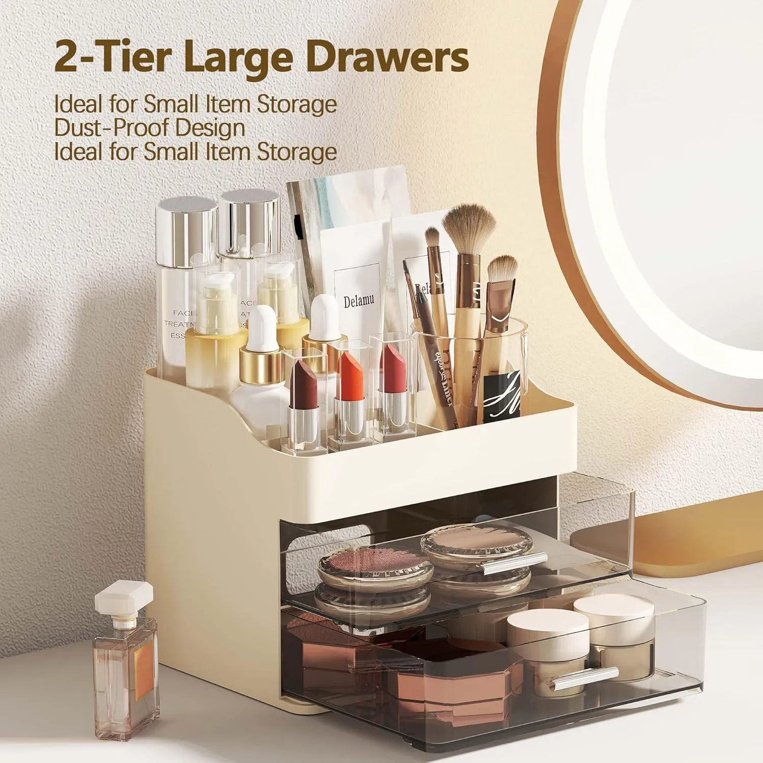 Delamu Makeup Organizer Countertop, 3-Tier Large Capacity Bathroom Counter Organizer with 2 Clear Drawers for Easy Access, Ideal for Makeup, Skincare, Lipsticks, Office Supplies, Present, etc, Beige