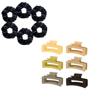 DEMIARE | 6 Black Velvet Hair Ban & 6 Matte Claw Hair Clips | Neutral Colors Hair Accessories for Women | Large Hair Clips for Thick Hair | All Day Hold Hair Styling Accessories