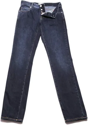 Denim Blue Solid Cotton Blend Pants - Slim
