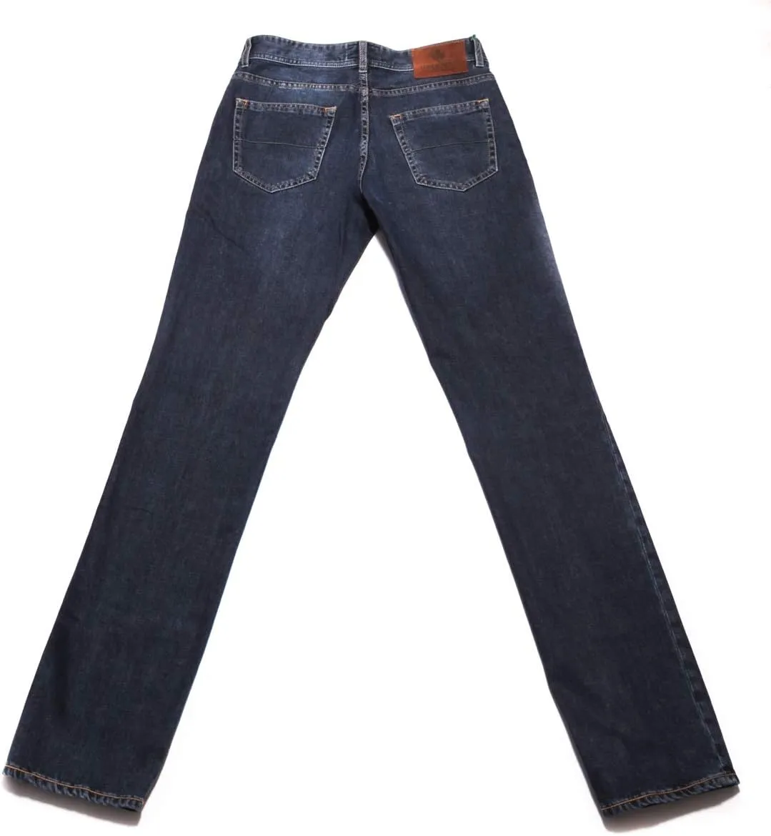 Denim Blue Solid Cotton Blend Pants - Slim