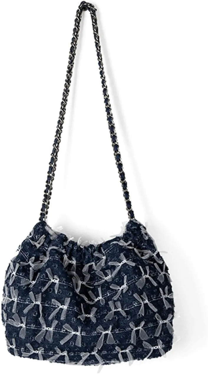 Denim Bow Purse Jean Lace Cute Y2K Handbag for Women Kawaii Casual Roomy Retro Chic Denim Bag