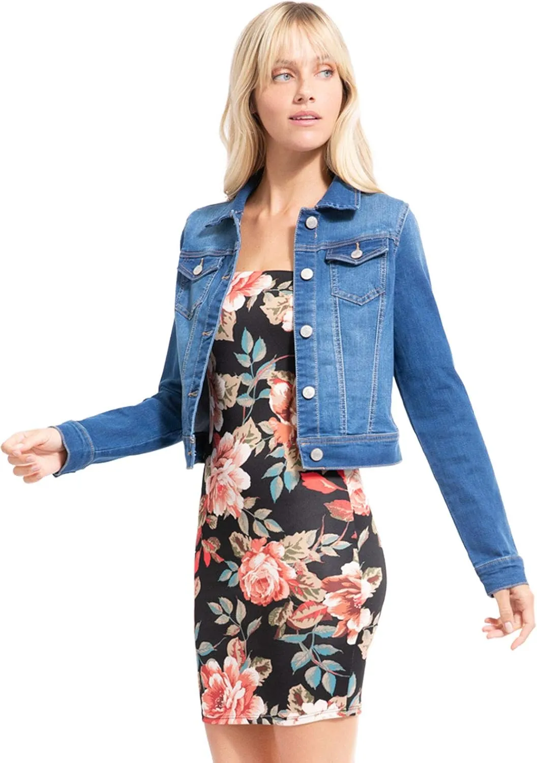 Design by Olivia Women's Classic/Destroyed Vintage Washed Long Sleeve Denim Jean Jacket