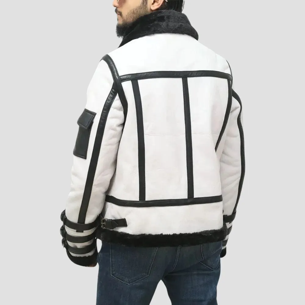 Designer White Leather Jacket With Shearling Lining For Men