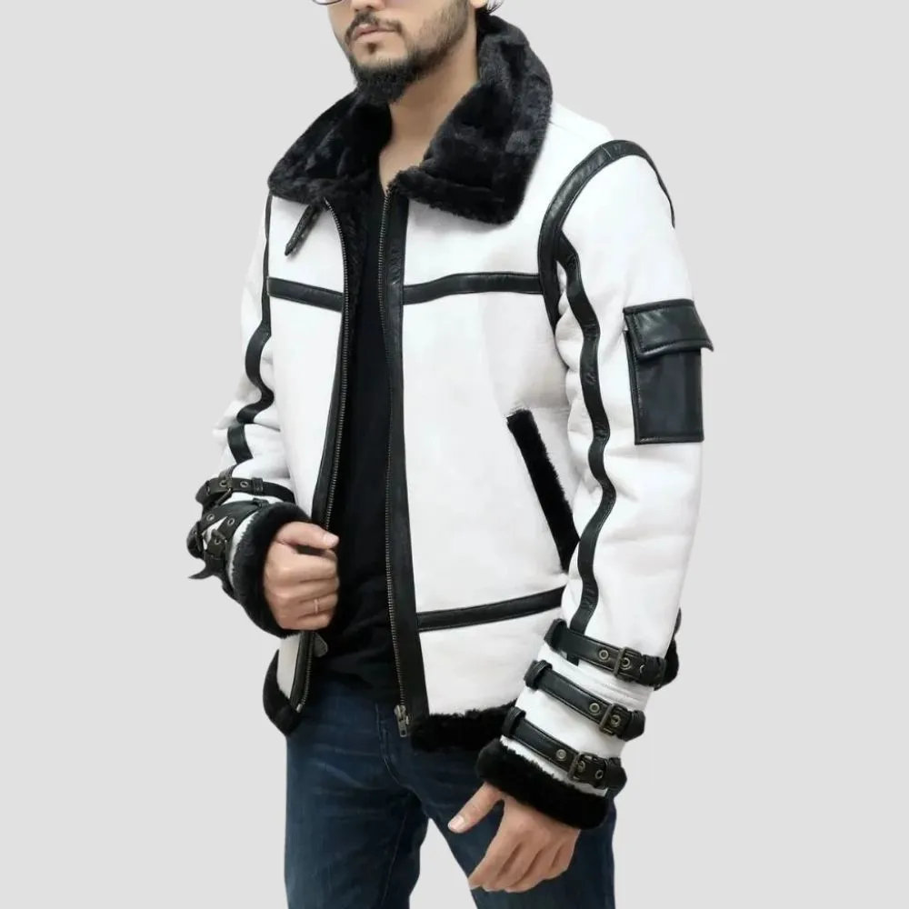 Designer White Leather Jacket With Shearling Lining For Men